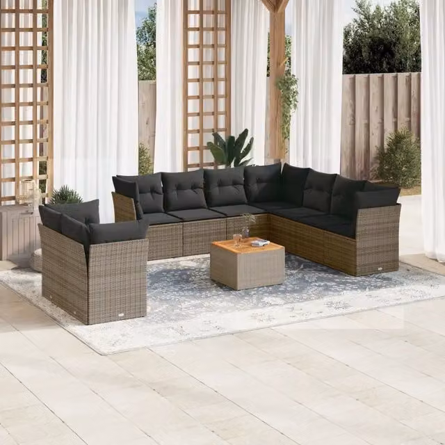 Set Divano da Giardino a Forma di U vidaXL in Polyrattan Grigio con 10 Pezzi e Cuscini Inclusi – 1