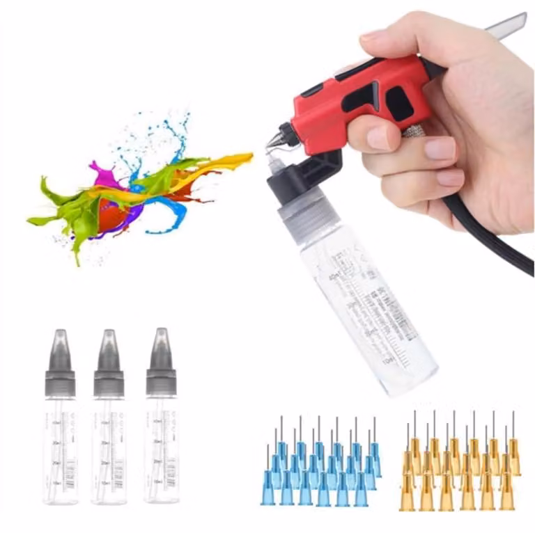 Kit per aerografo con supporto per pennarelli, senza residui, ugelli da 0,3/0,5 mm, 3 flaconi da 50 ml