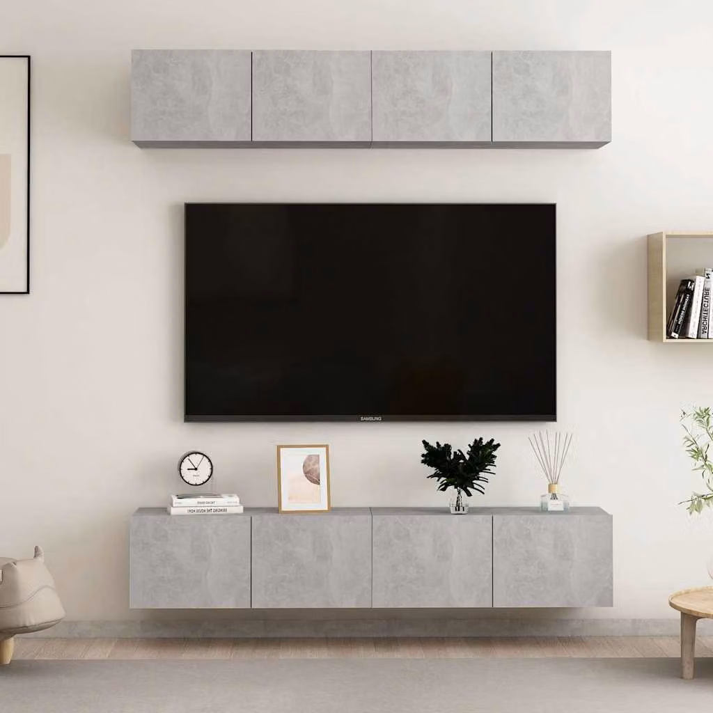 Set di 4 mobili TV moderni vidaXL in legno e MDF, colore grigio, da appendere a parete, L 80 x P 30 x H 30 cm