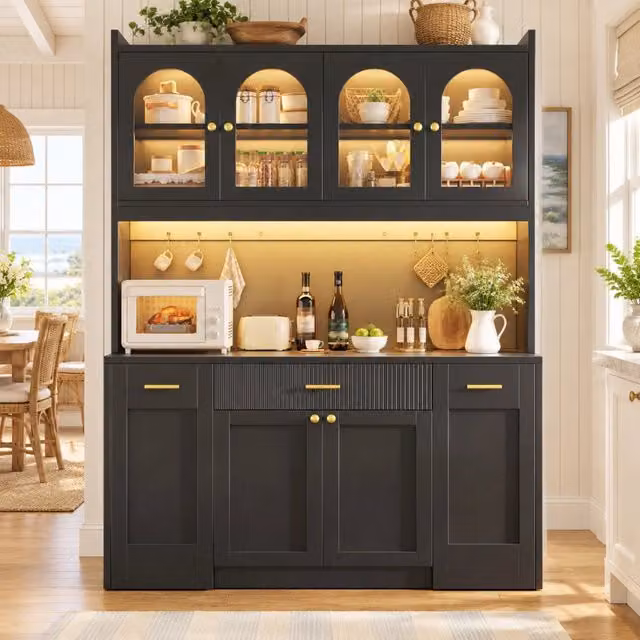 Mobile cucina alto ULEVR 120x40x187 cm con vetrine in vetro, illuminazione RGB-LED e ripiani laterali estraibili, nero