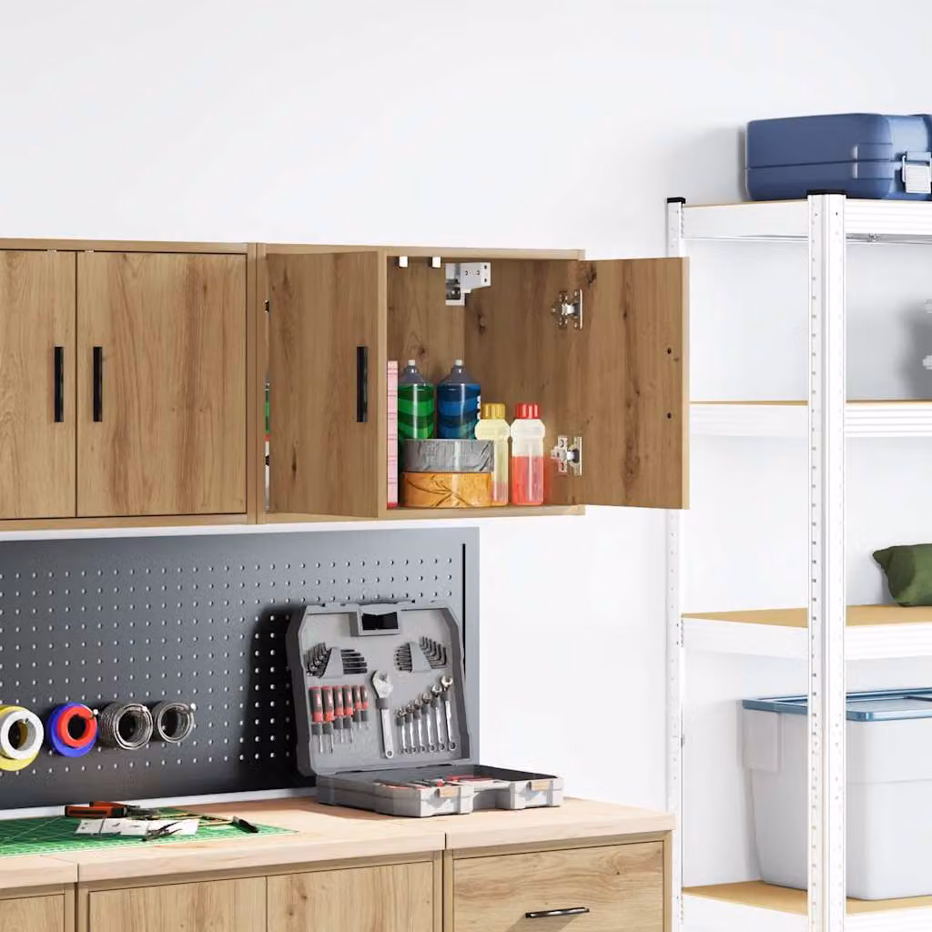 Pensile da garage vidaXL in legno MDF color rovere con ante a battente e ripiani interni