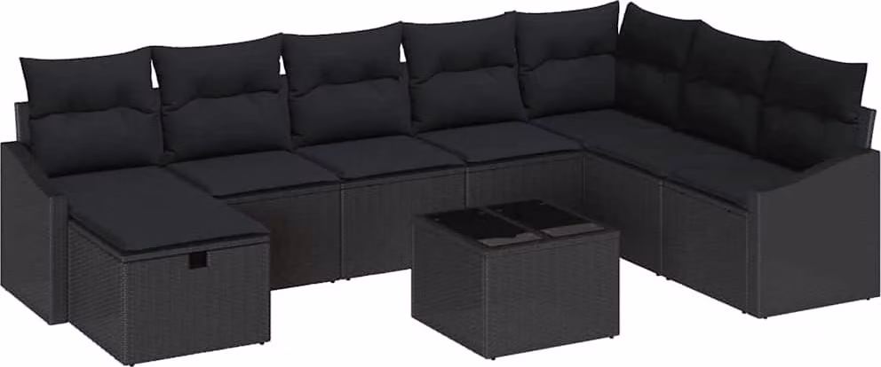 Set Divano da Giardino con cuscino 9 pcs Nero Poly Rattan