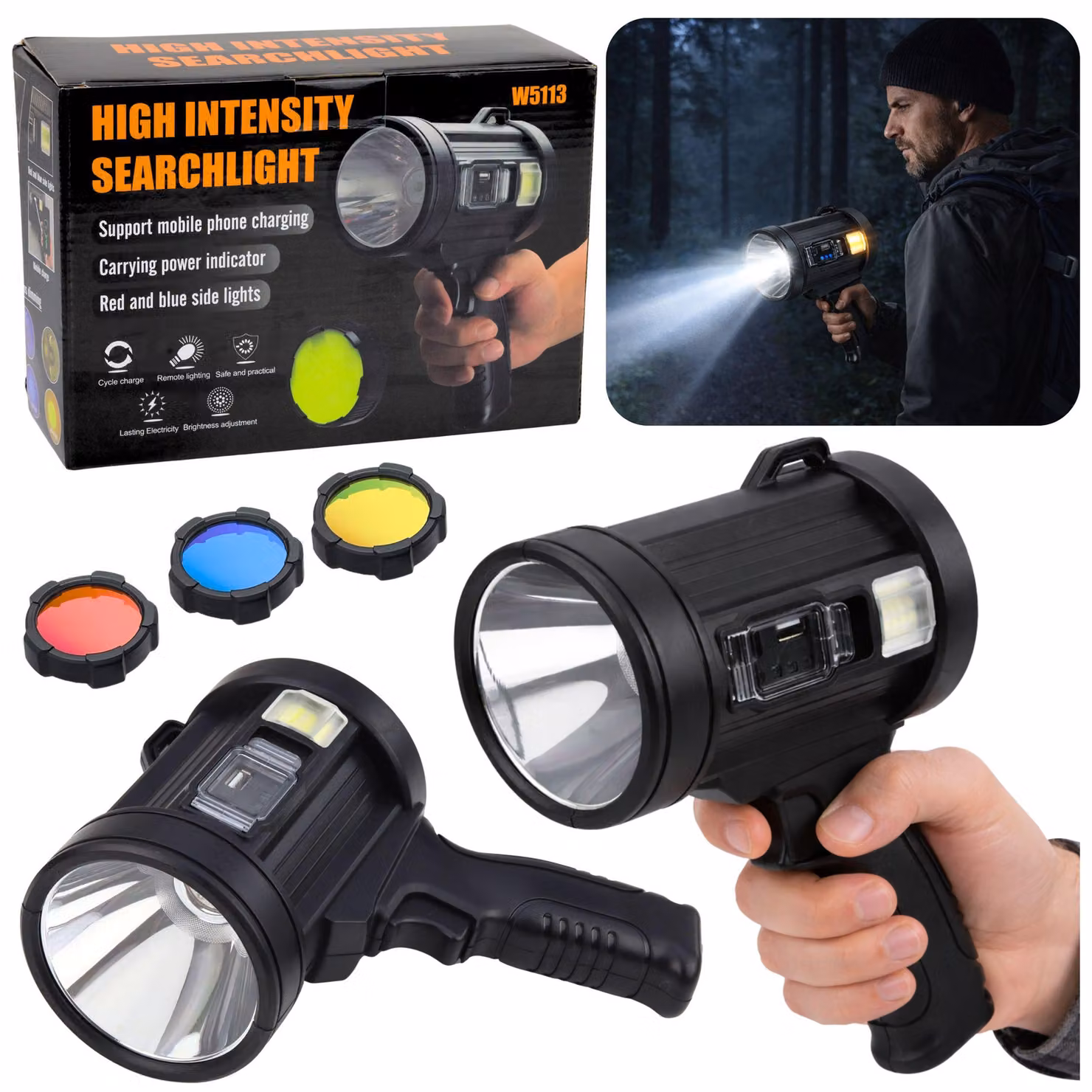 Torcia a LED solare Searchlight 6 modalità Powerbank Filtri intercambiabili