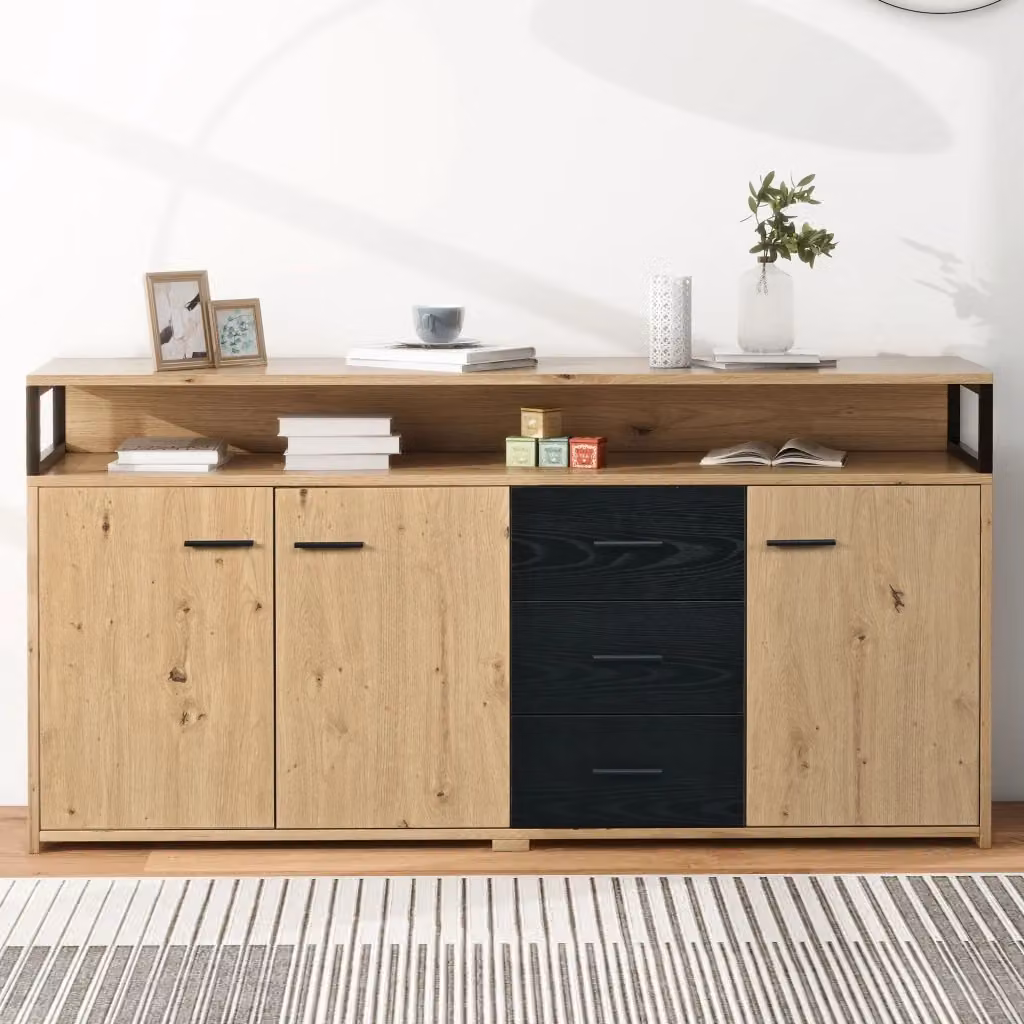 Madia Mivray moderna con 3 ante, 3 cassetti e ripiani regolabili in MDF nero, L: 150 cm, P: 35 cm, H: 75.9 cm – 2