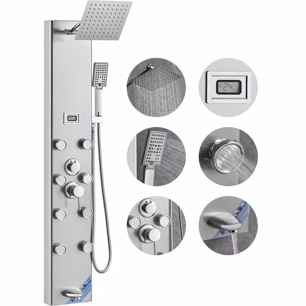 Sistema a pannello doccia - 5 modalità doccia - display digitale - pioggia - 8 getti massaggianti - bocca da bagno - doccetta con 3 impostazioni - tubo flessibile da 59 pollici - set doccia a parete in acciaio inox