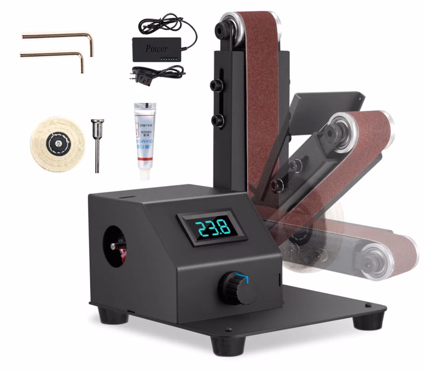 Levigatrice a nastro compatta - Levigatrice da banco elettrica - 350 W - Velocità variabile - 5000 giri/min - 10 nastri abrasivi - 300 x 30 mm - Colore: nero
