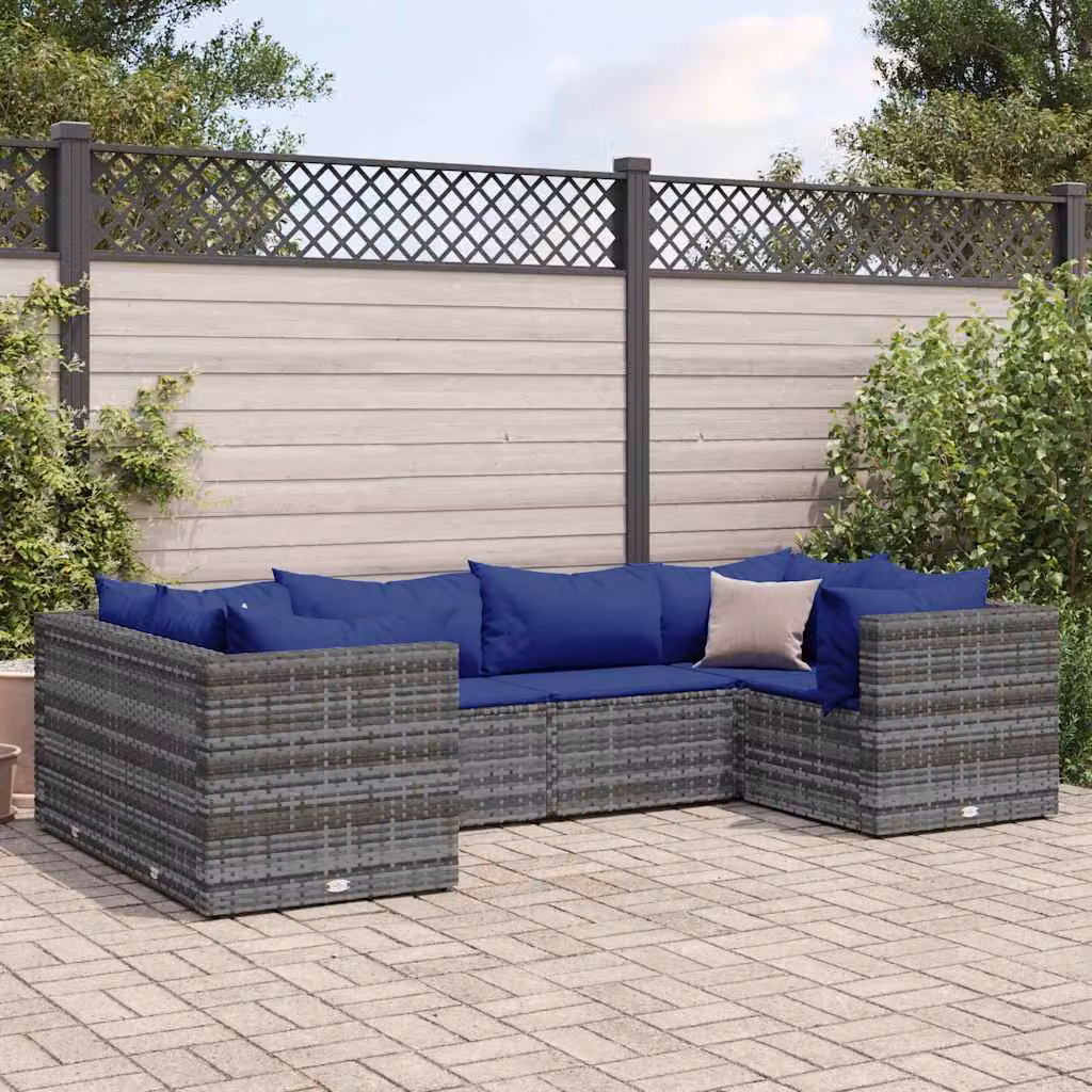 Set di divani da giardino vidaXL 6 pz in rattan con cuscini blu e grigio con struttura in metallo e design moderno a L