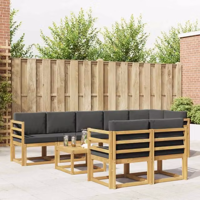Set di divani da esterno a L vidaXL in legno di acacia con cuscini, Bianco e Antracite – 1