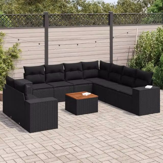 Set Divani da Giardino 10pz con Cuscini in Polyrattan Nero 3257840