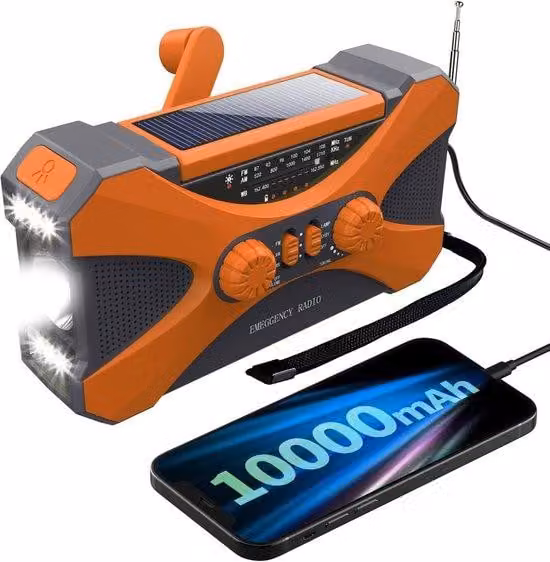 Radio portatile a manovella con energia solare - 10000mAh, AM/FM/WB/NOAA, multiple fonti di ricarica, allarme SOS, torcia LED, luce da lettura, caricabatterie per telefono, presa per cuffie (arancione)