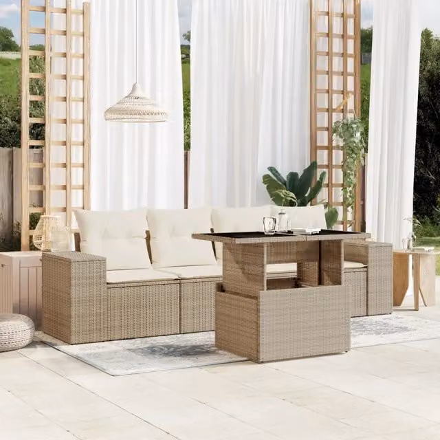 Set da giardino vidaXL in polyrattan beige composto da 5 pezzi con cuscini e tavolino