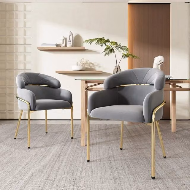 Set di 2 sedie da pranzo in velluto grigio con quattro gambe in metallo per soggiorno e camera da letto moderne