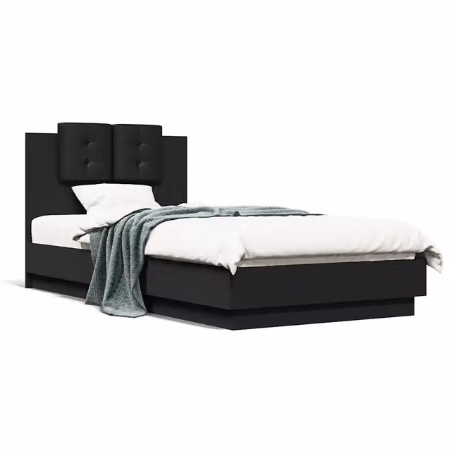 Letto singolo | Letto per adulti | Giroletto con Testiera Nero 75x190 cm in Legno Multistrato