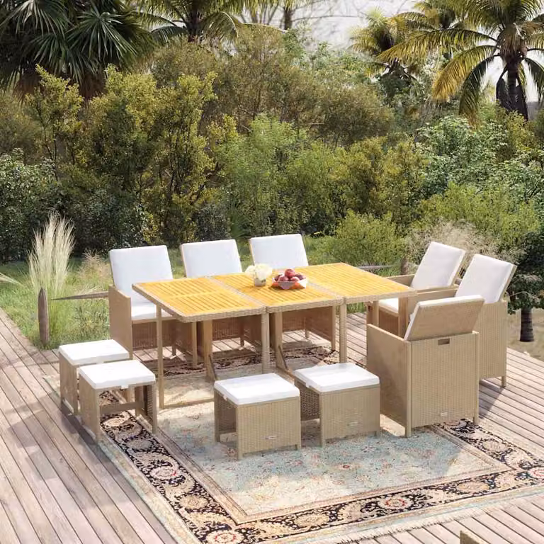 vidaXL Set da Pranzo da Giardino Moderno in Polyrattan e Legno di Acacia con 11 Cuscini Beige e Bianco