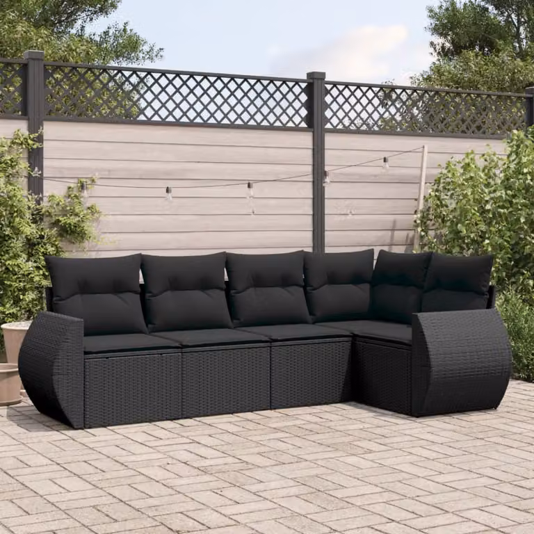 vidaXL Set Divano da Giardino a L 5 pz in Polyrattan Nero con Cuscini e Struttura in Acciaio