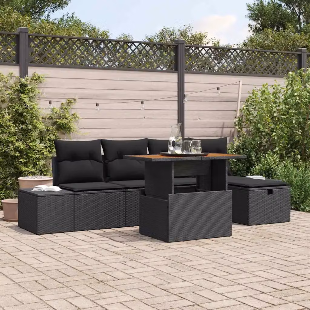 Set Divano da Giardino vidaXL 6 Pezzi a Forma di L in Polyrattan Nero con Cuscini e Tavolino – 1