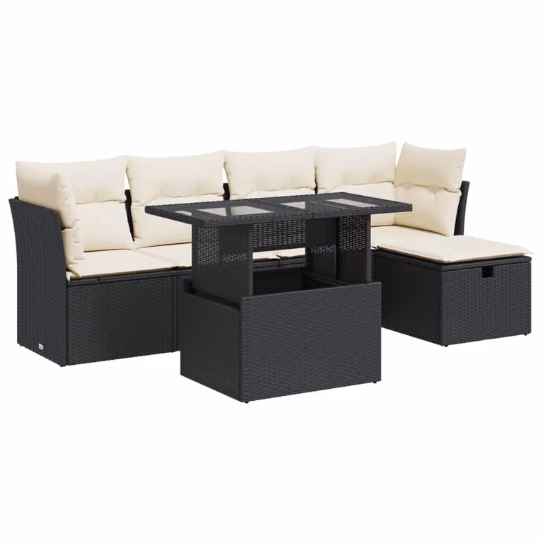 Set Divano da Giardino 6 pz con Cuscini Nero in Polyrattan