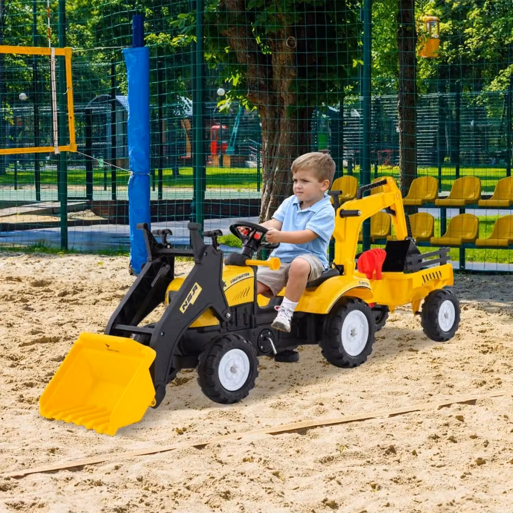 Escavatore a pedali per bambini con 6 ruote, rimorchio staccabile e 2 benne, colore giallo – 2