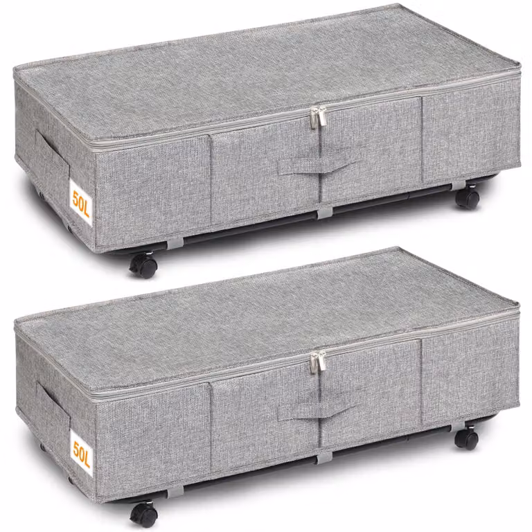 Contenitore portaoggetti da mettere sotto il letto, capacità 50 litri, confezione da 2 pezzi, con ruote, supporto metallico per il fondo, chiusura a zip, ideale per riporre vestiti