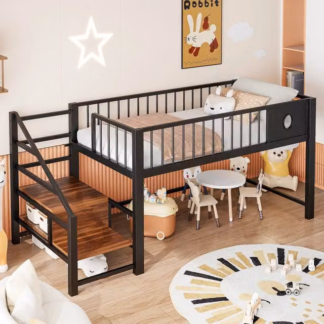 Letto a castello basso per bambini 90 x 200 cm con scala contenitore e struttura in metallo stabile - Nero