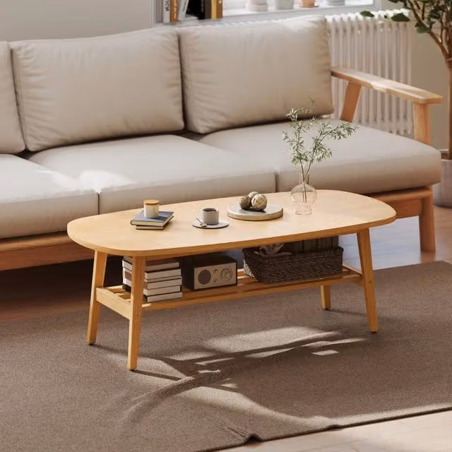 Tavolino basso fisso ovale con ripiano inferiore e gambe in legno naturale per soggiorno 120 × 60 × 42 cm