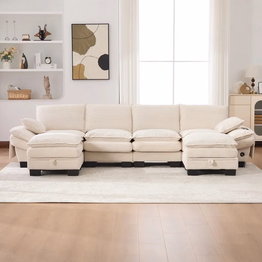 Divano modulare REDOM a 4 posti in velluto a coste beige con 2 pouf, L/P/H: 330 x 132 x 84 cm – 2
