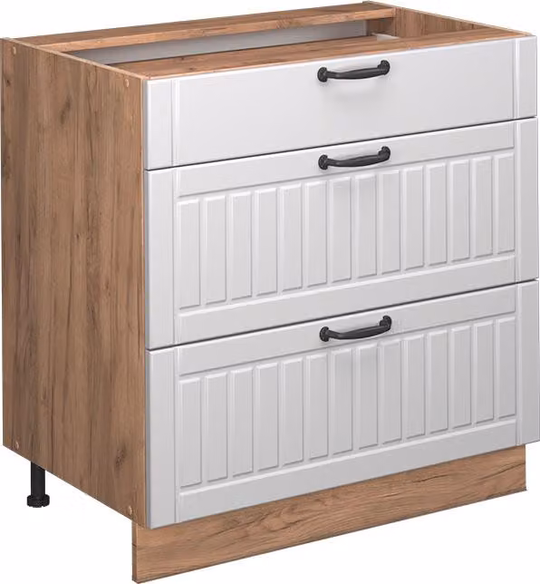 Mobiletto base per cucina Vicco Fame-Line Bianco rustico 80 cm con 3 cassetti, PL Antracite, Model 56883