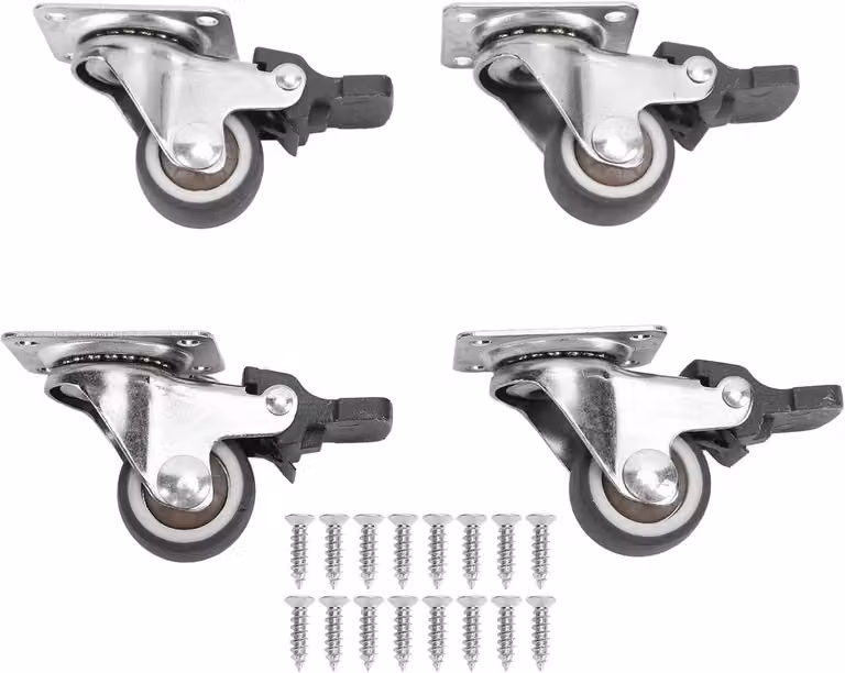 4 rotelle a basso profilo per mobili, con piastra di bloccaggio, diametro di 2,5 cm, realizzate in gomma morbida
