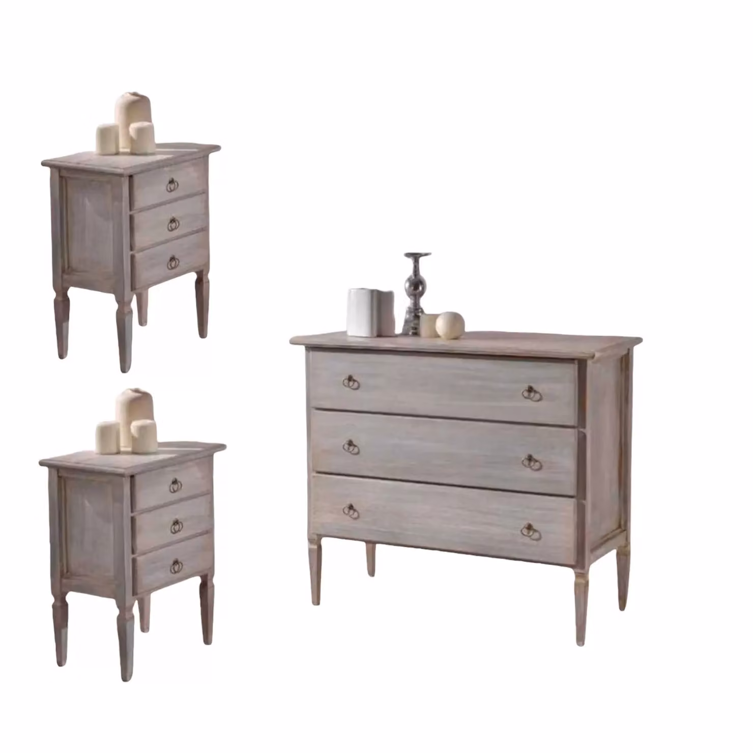 Set composto da un comò e due comodini in legno massello di pino grigio con finitura cerata Mobili 2G
