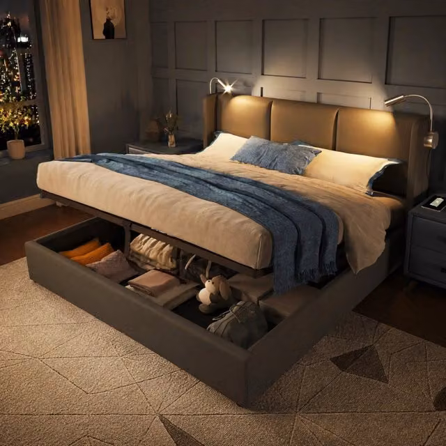 Letto matrimoniale 140x200 cm con contenitore; luce da lettura e ricarica USB; PU grigio