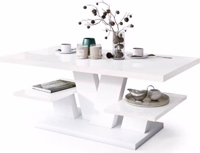 All4All Tavolino Valerio, tavolino da salotto, tavolino da caffè, tavolino con ripiani, tavolino da pranzo, coffee table, 110x60 cm, 05, bianco lucido + bianco