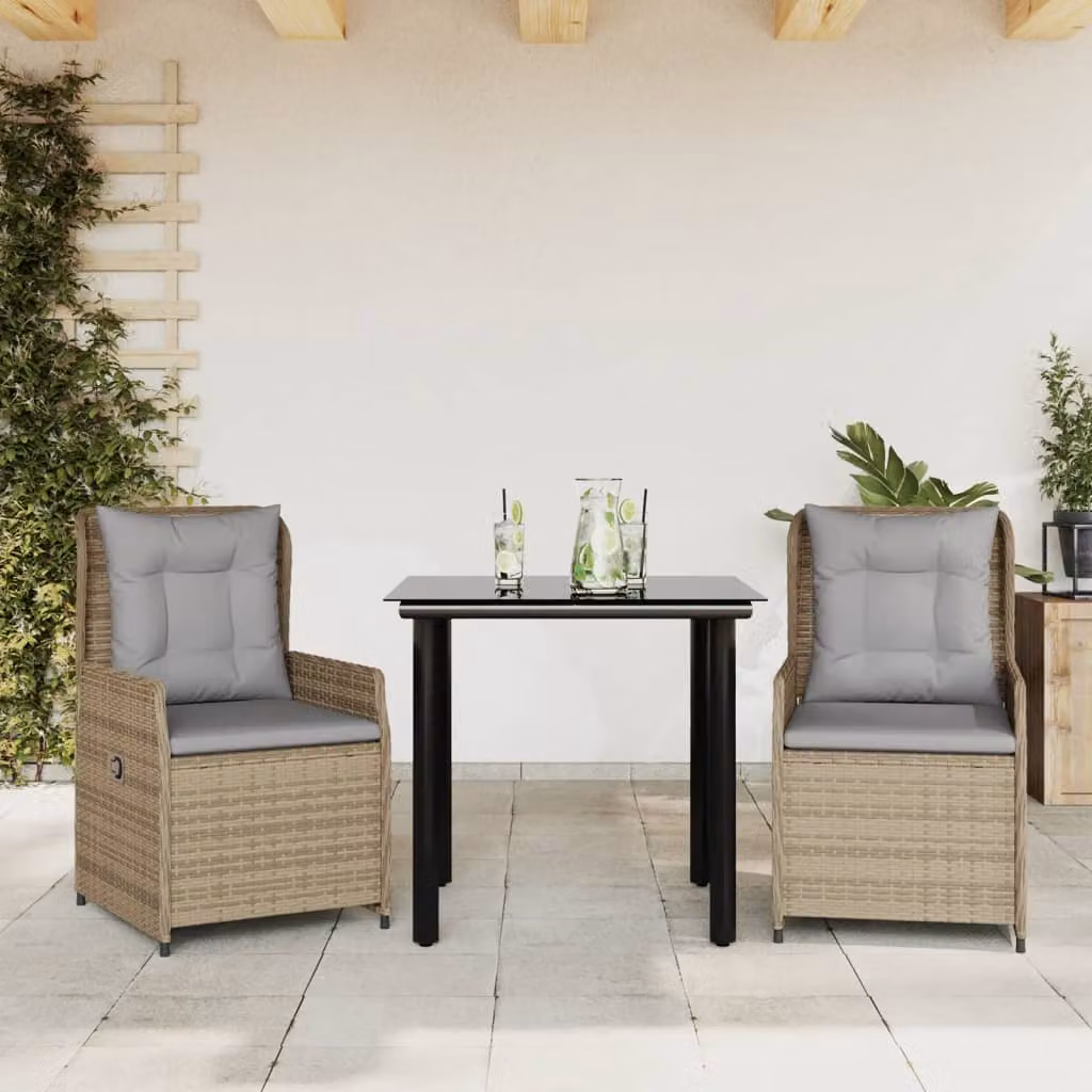 Set da Pranzo da Giardino 3 pz vidaXL in Polyrattan con Cuscini Beige e Tavolo in Vetro – 1