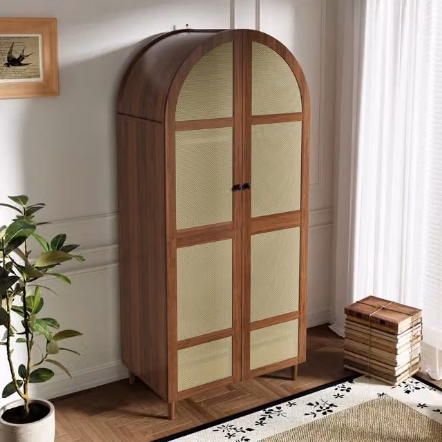 Armadio con ante curve in rattan, asta appendiabiti, ripiani e cassetti per camera e ingresso, noce, 80 × 50 × 179 cm