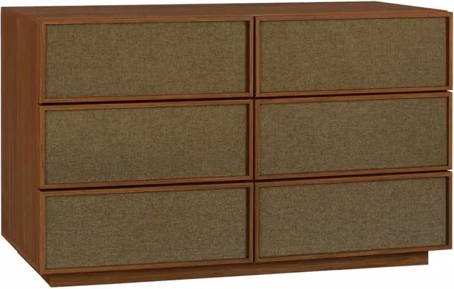 Cassettiera decorativa in legno e tessuto con 6 cassetti, noce