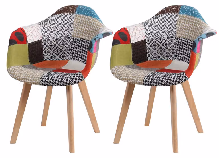 Set di 2 sedie da pranzo - Poltrona imbottita in stile scandinavo - Rivestimento in tessuto patchwork - Con braccioli - Adatte per sala da pranzo e soggiorno - Colore: rosso