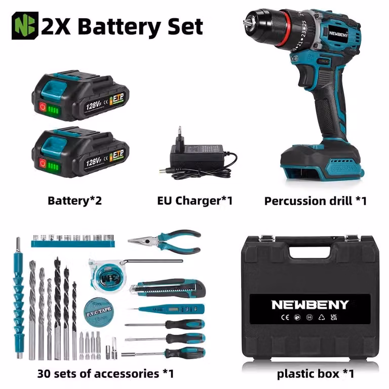 Trapano avvitatore a batteria - 18V, senza fili - Motore brushless, 80 Nm di coppia - 21+3 livelli di coppia - 2 velocità: 1500/3000 giri/min - Set con 2 batterie