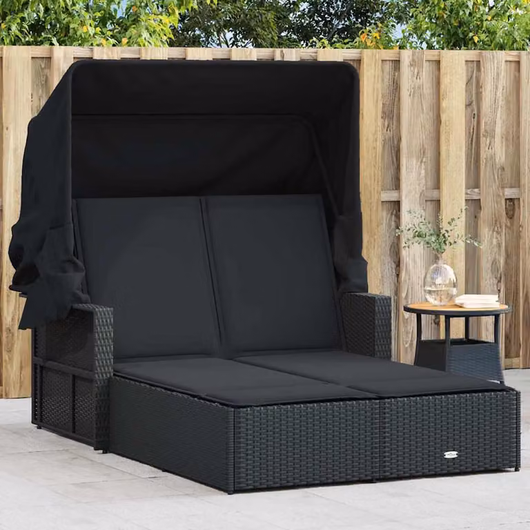 vidaXL Lettino Prendisole Doppio con Baldacchino e Cuscini in Polyrattan Nero