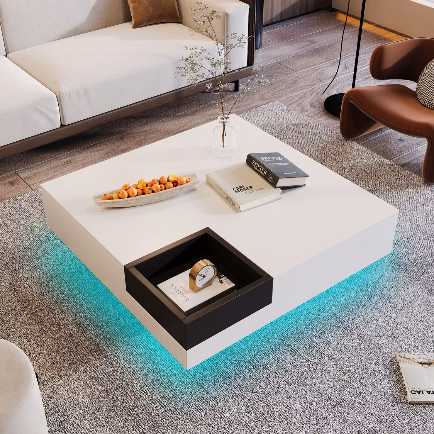 LVHOM Tavolino da caffè lucido con LED, tavolino Scandi con cassetta di legno rimovibile, tavolino da salotto Tavolino Indutrial, 72x72x30cm, bianco