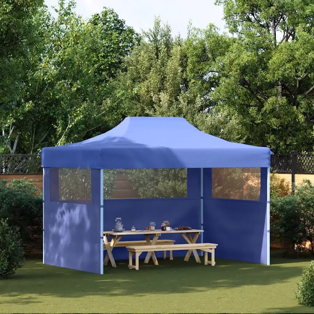 Gazebo professionale pieghevole con 3 pareti in acciaio e PVC blu L: 4 m, P: 3 m, H: 2,8 m – 2