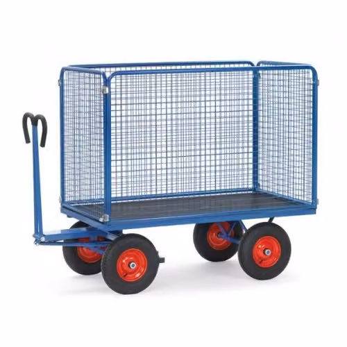 Carrello a mano Fetra con pareti in rete metallica alte 1000 mm, pneumatici, 1200x800 mm