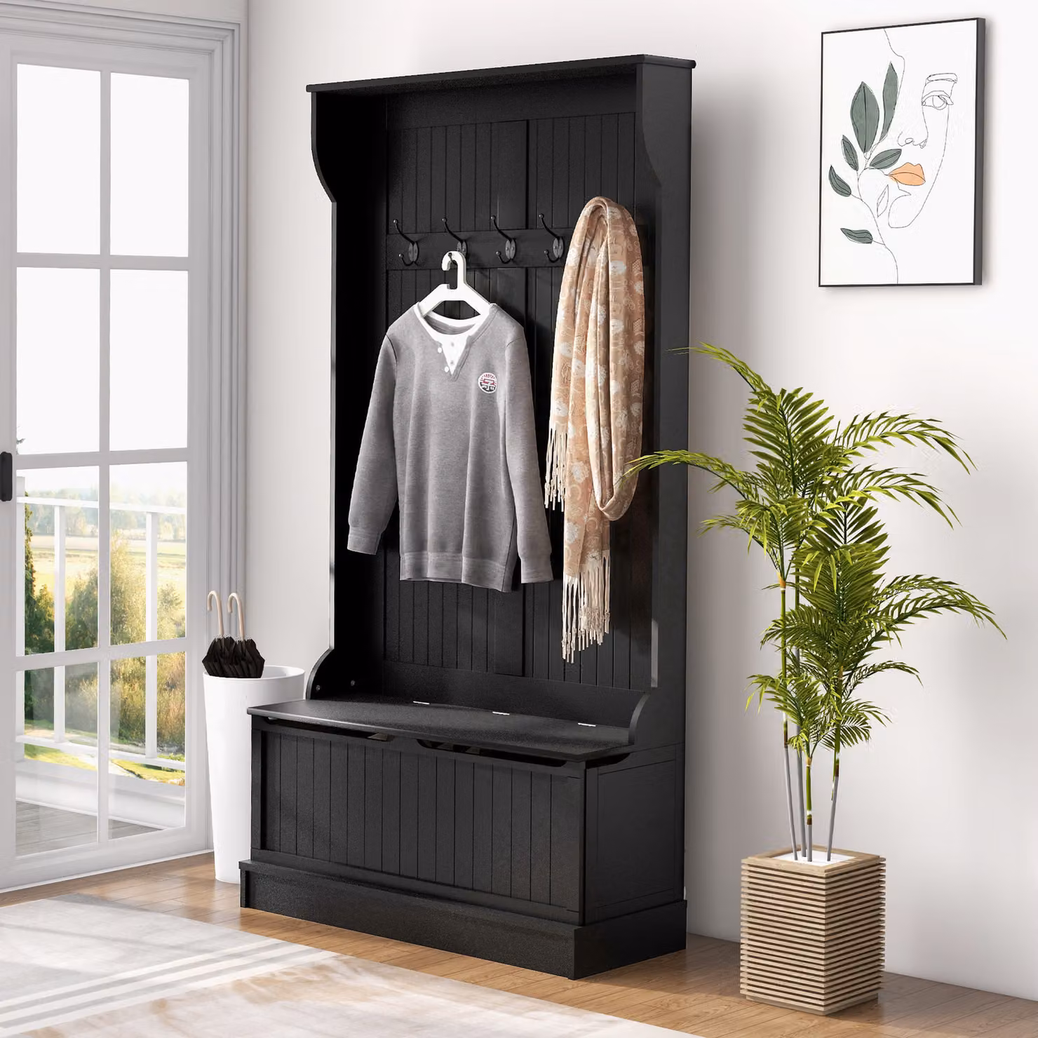 HOMCOM Attaccapanni con Panca di Archiviazione e 5 Ganci Stile Moderno Nero L: 96 cm, P: 34 cm, H: 179,7 cm – 2