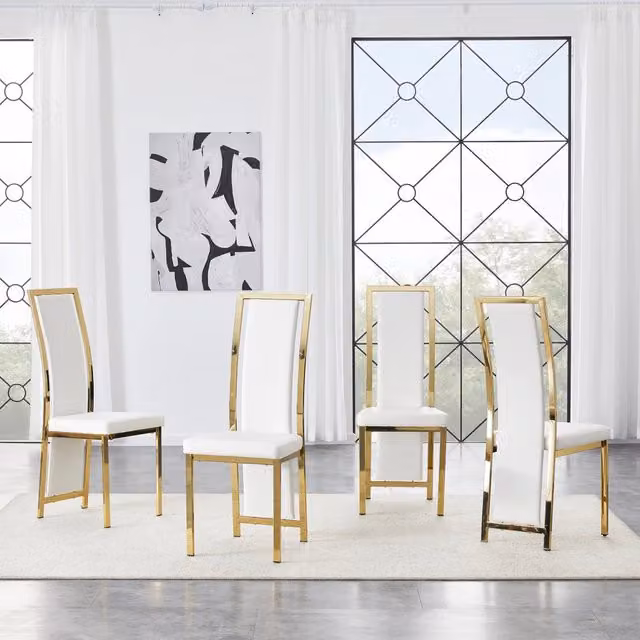 Set di 4 sedie da pranzo moderne WISHDOR in ecopelle bianca con dettagli oro e struttura in metallo, L: 120 cm, H: 109 cm