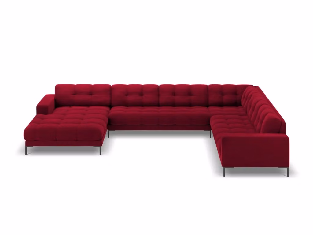 Divano panoramico Bali Cosmopolitan Design a 7 posti in velluto rosso con configurazione a destra e struttura in metallo L/P/H: 327 x 134 x 75 cm – 2