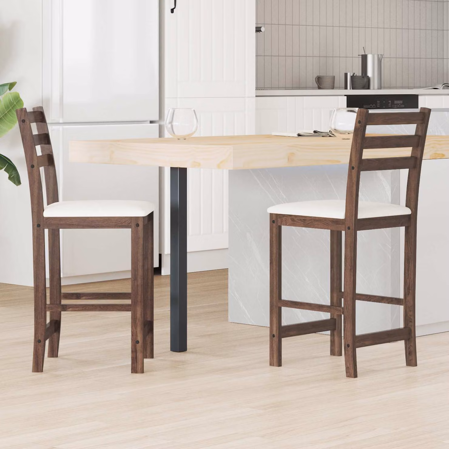 Set di 2 sedie da pranzo moderne vidaXL in legno di gomma color marrone chiaro e bianco con seduta in tessuto