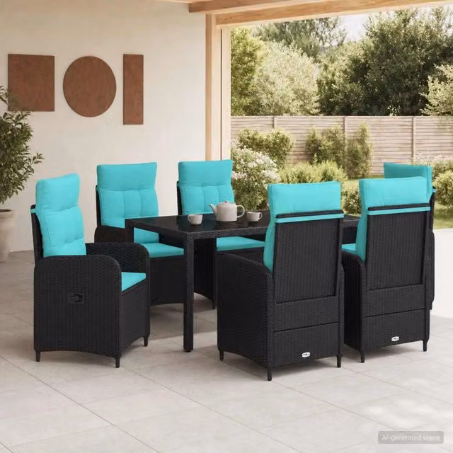 Set da pranzo per esterni vidaXL in polyrattan moderno con tavolo in vetro e 7 pezzi color turchese