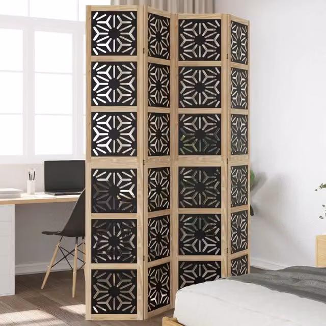 Divisorio Ambienti | Divider per stanze | Paravento 4 Pannelli Marrone e Nero Massello Paulownia