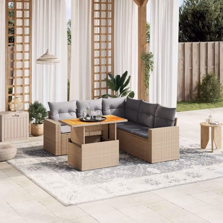 Set Divano da Giardino a L vidaXL 6 pz in Polyrattan con Cuscini Beige e Grigio e Tavolino da Esterno