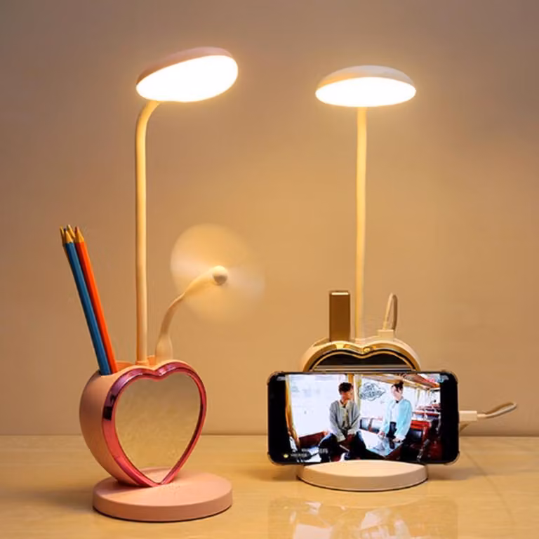 Lampada da tavolo multifunzionale USB ricaricabile Touch Dimmable LED Supporto per penna Supporto per telefono cellulare Specchio magnetico - Oro