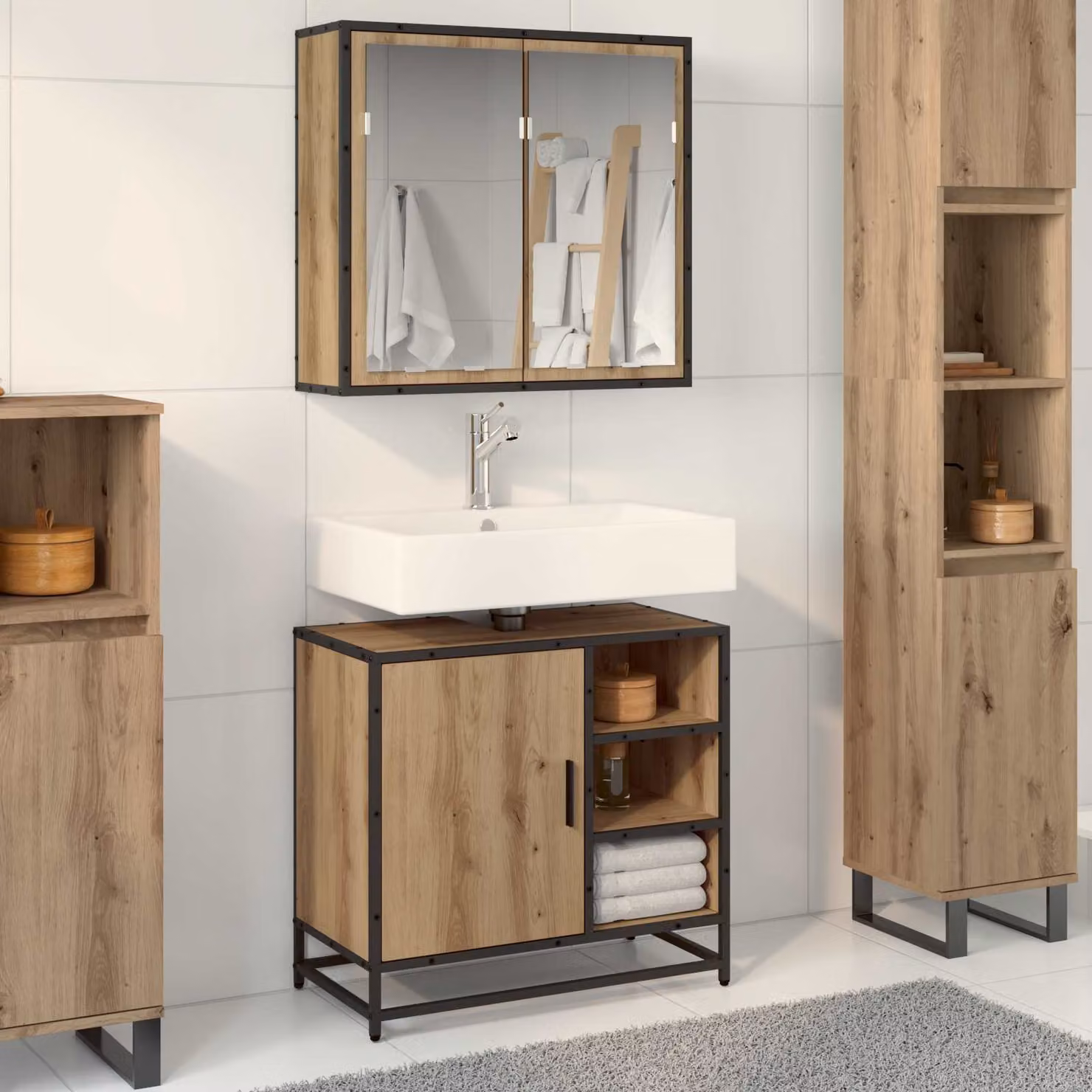 Set di mobili da bagno moderno vidaXL composto da mobile sottolavabo e armadietto con specchio in legno e metallo marrone, montaggio a parete