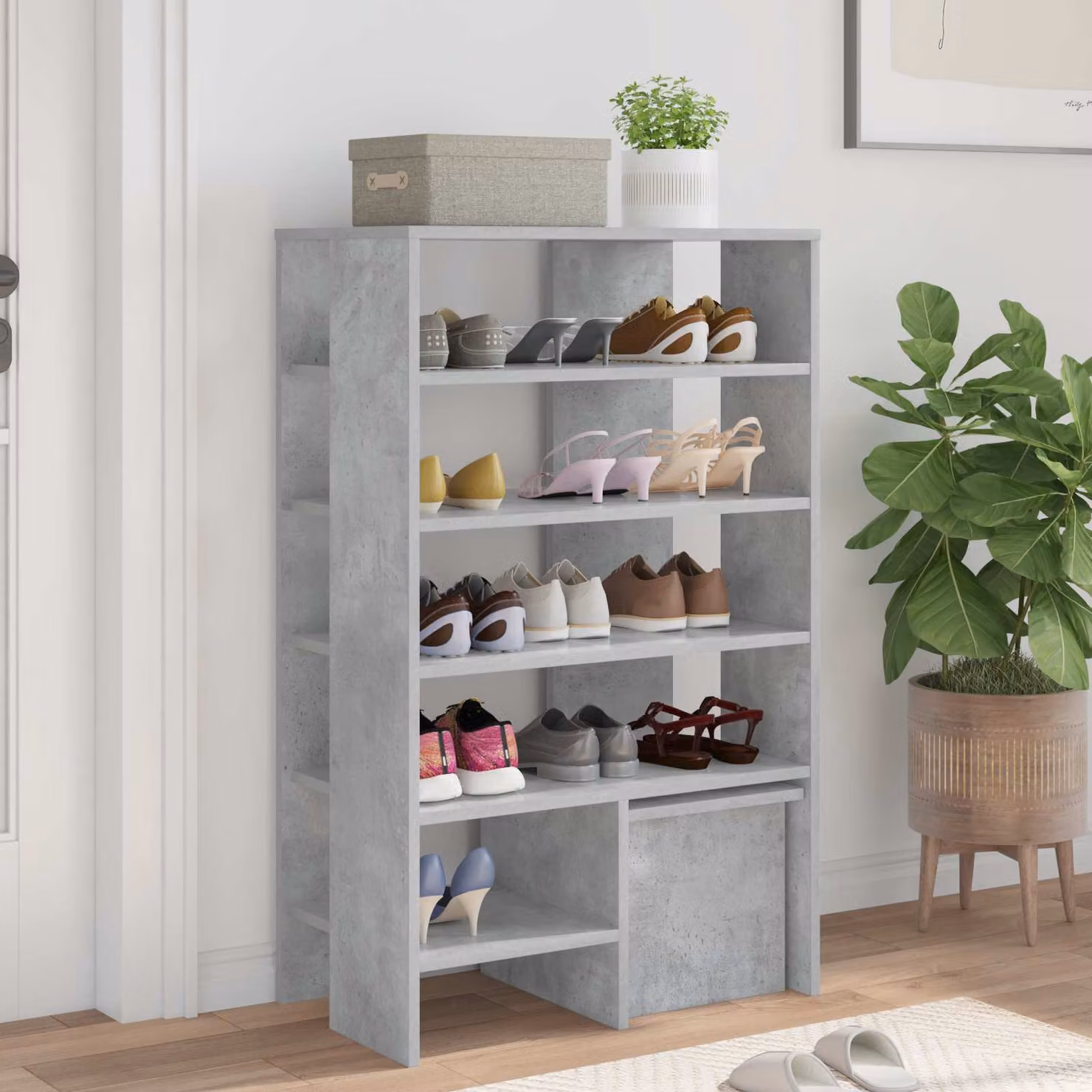 Scarpiera moderna vidaXL con seduta integrata e ripiani, colore grigio, L/P/H: 62 x 35 x 100 cm